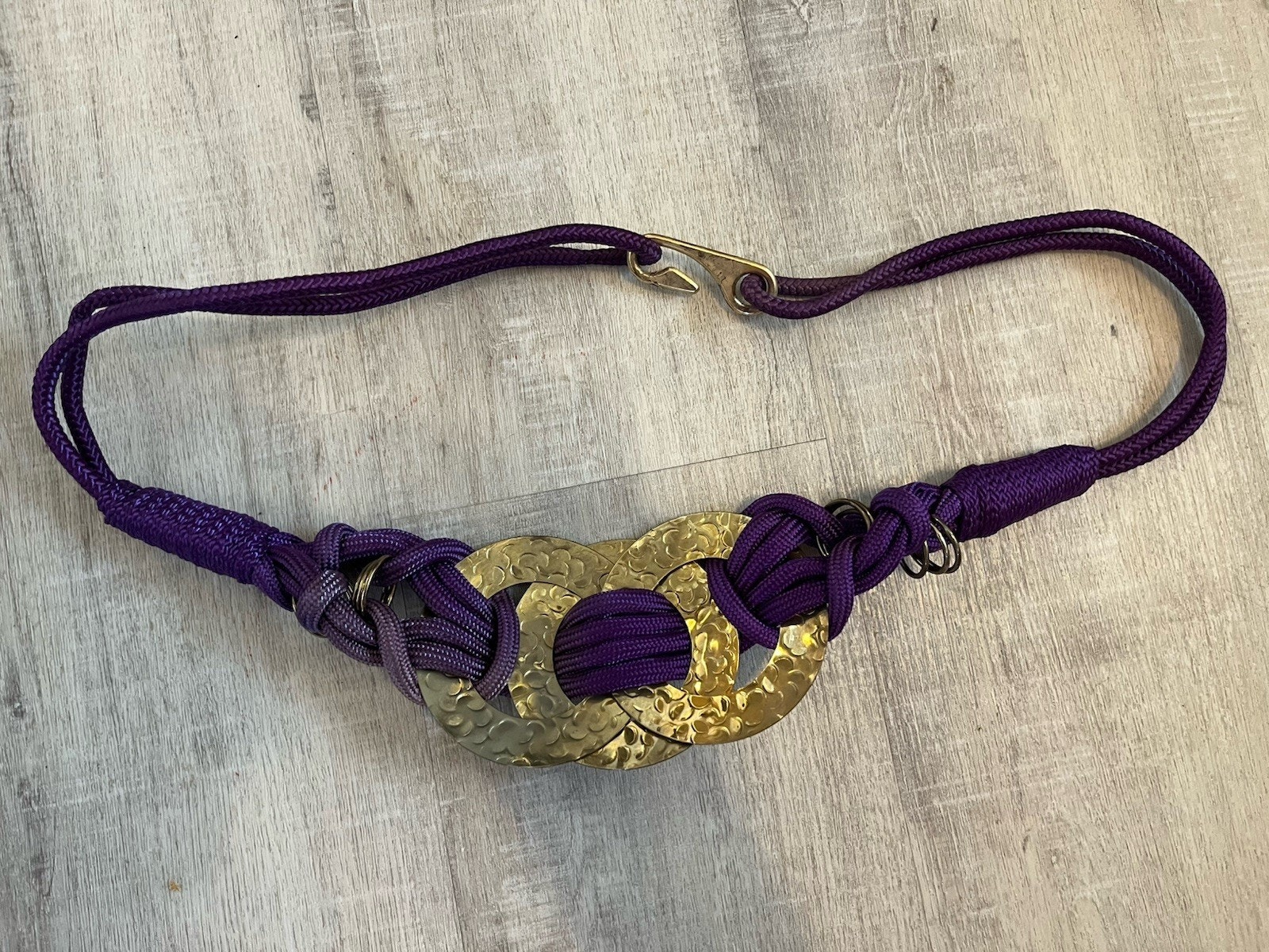 Vtg 80s Purple Braided Cord Belt Hammered Gold Metal Buckles Boho Statement M
